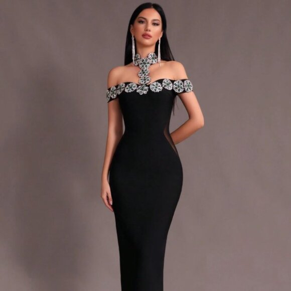 Women’s High Neck Embellished Bodycon Dress XS-XL - Picture 1 of 5